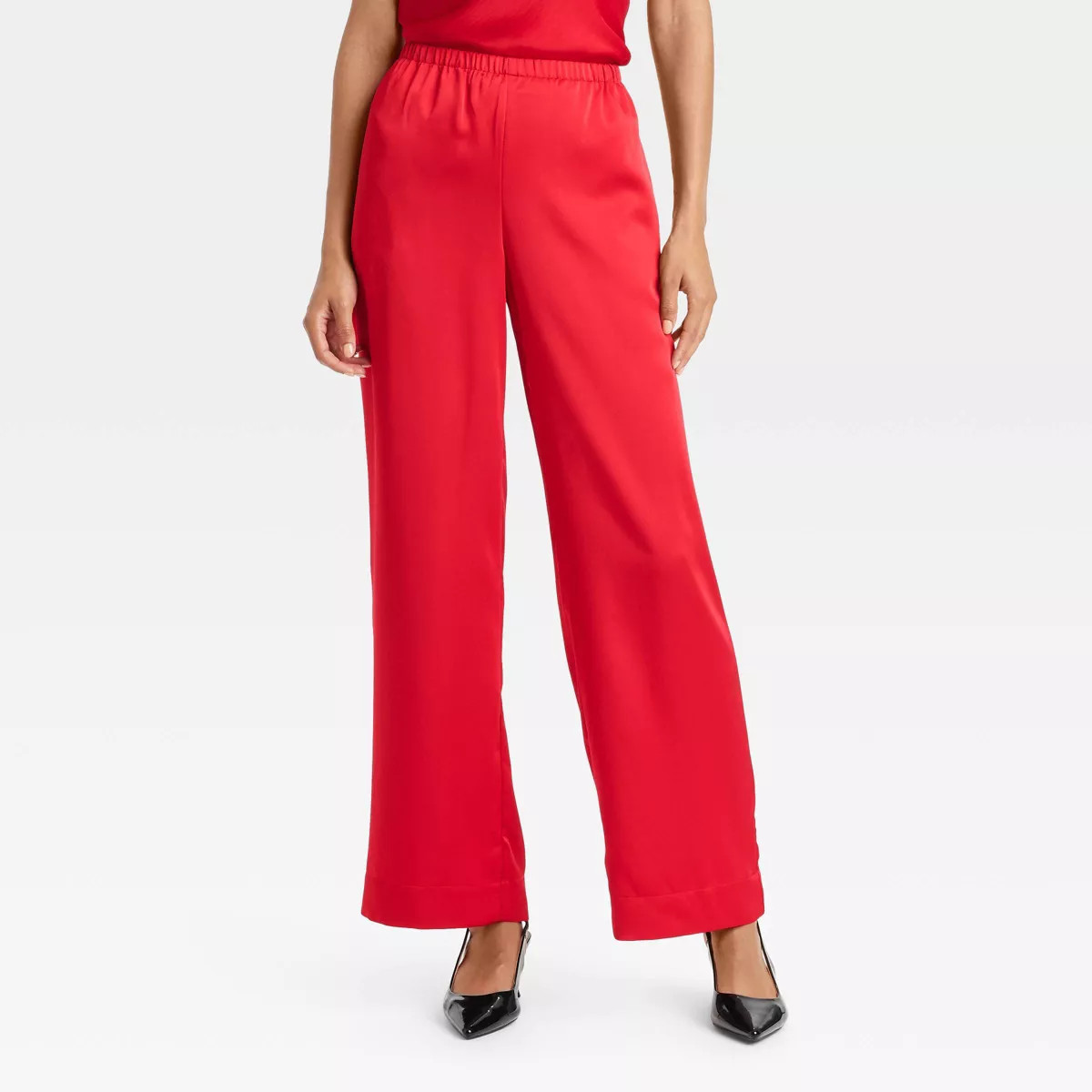 Women's Mid-Rise Straight Leg Satin Pull-On Pants - A New Day™ Red S | Target