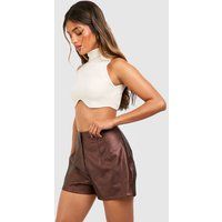 Womens Faux Leather Look Tailored High Waist Shorts - Brown - 12, Brown | Boohoo.com (UK & IE)