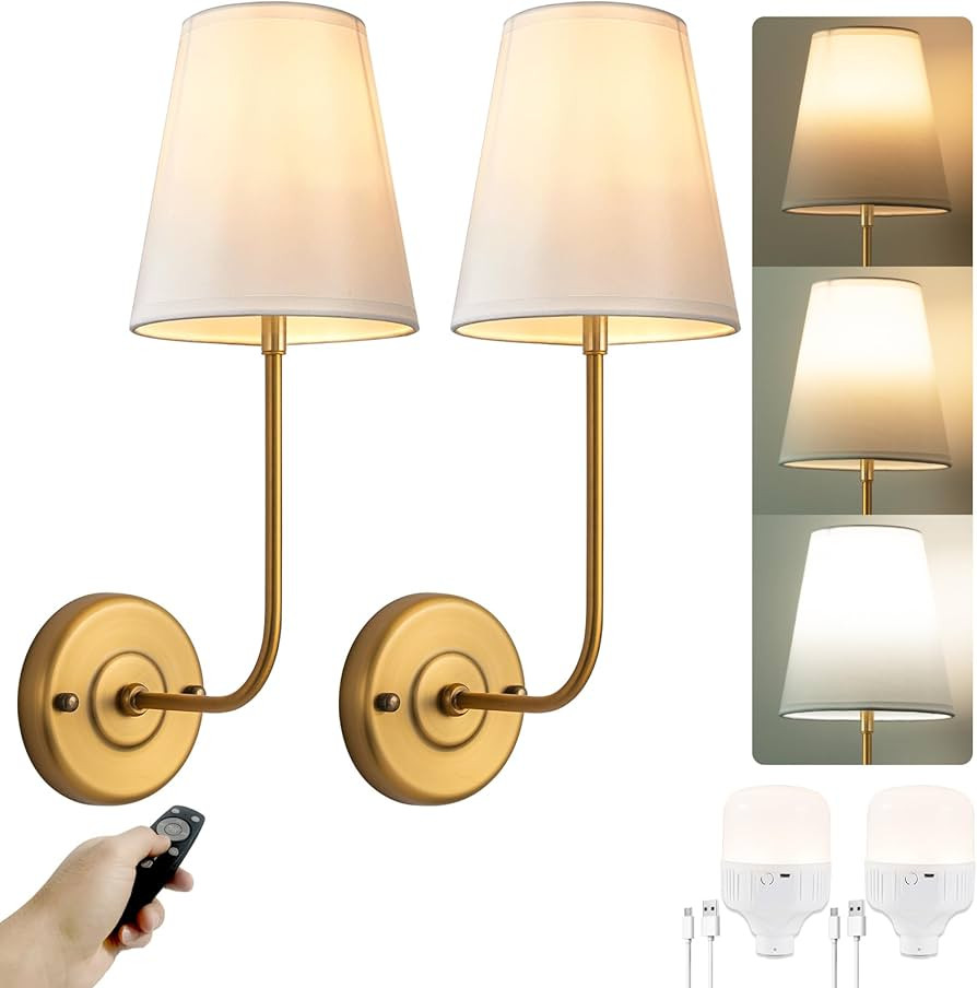 PASSICA DECOR Battery Operated Wall Sconces Set of 2 Two No Wiring Lamps with Dimmable Remoted Co... | Amazon (US)