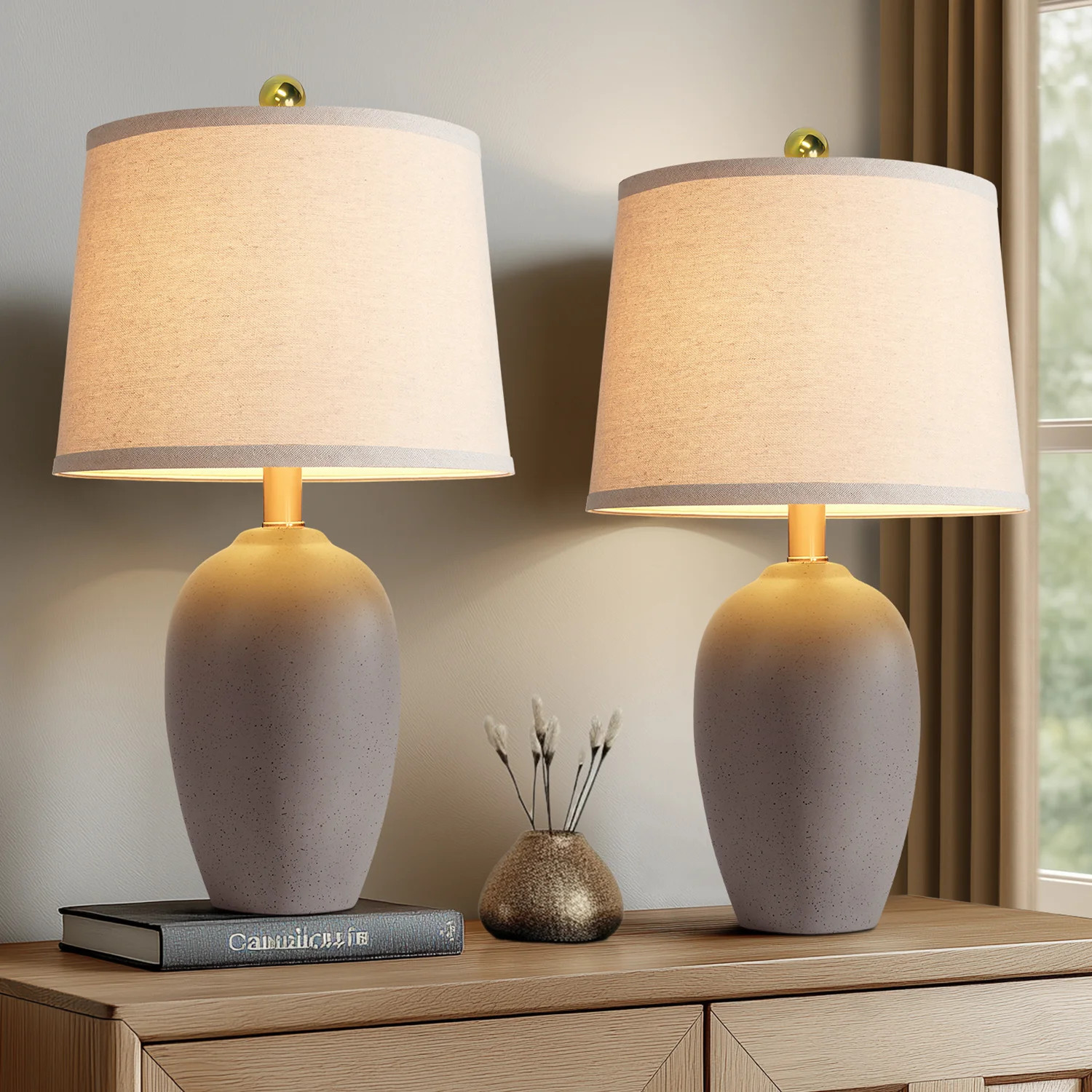 23"Modern Farmhouse Ceramic Table Lamps With Linen Shades, LED Bulbs Included (Set Of 2) | Wayfair North America