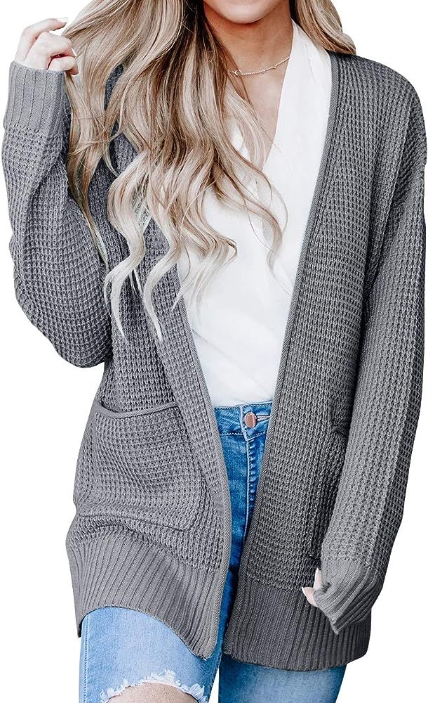 MEROKEETY Womens Long Sleeve Waffle Knit Cardigan Open Front Side Slit Sweater with Pockets | Amazon (US)