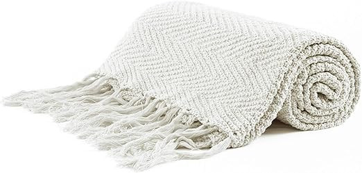 Longhui bedding Cream Fringe Knit Cotton Throw Blanket, 50 x 60 Inches Decorative Knitted Cover w... | Amazon (US)