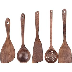 Wooden Kitchen Utensils Set, 5 PCS Handmade Natural Walnut Wooden Spoons for Cooking, Nonstick Wood  | Amazon (US)