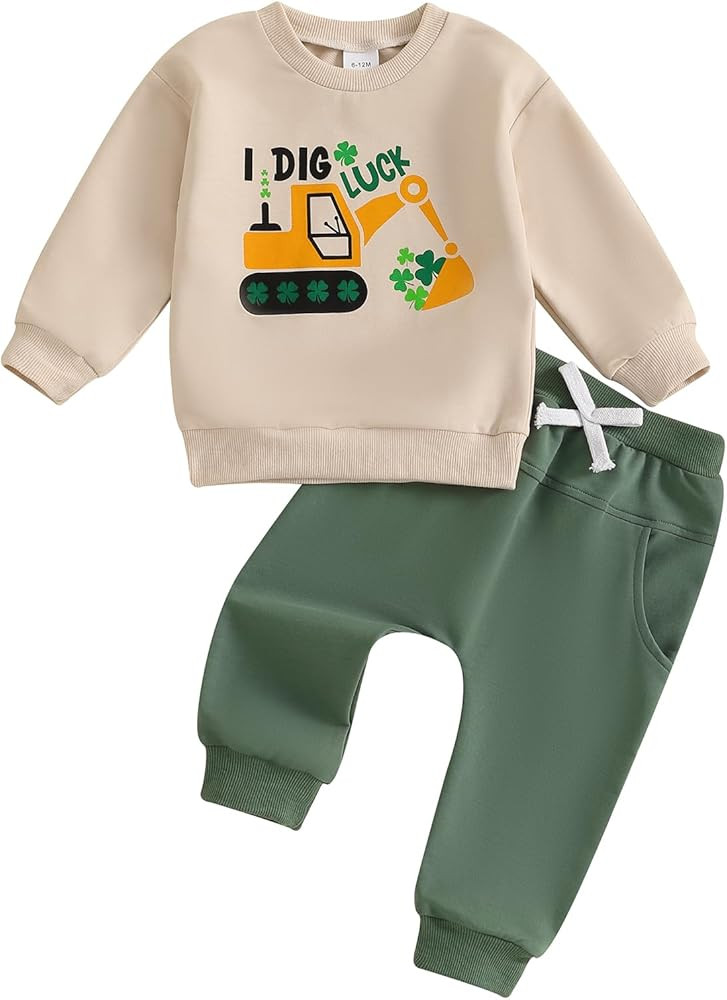 St Patricks Day Baby Boy Outfit Lucky Clover Long Sleeve Sweatshirt Jogger Pants Cute Baby Boy Sp... | Amazon (US)