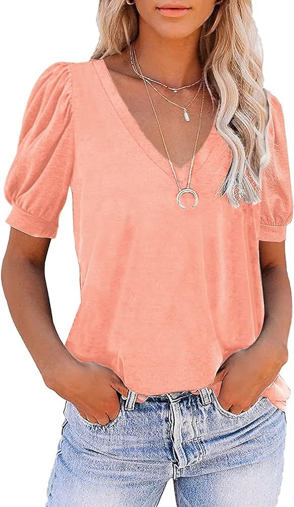 Yousify Womens V Neck Puff Short Sleeve T-Shirts Summer Printed Casual Loose Tops Tunic Blouse | Amazon (US)