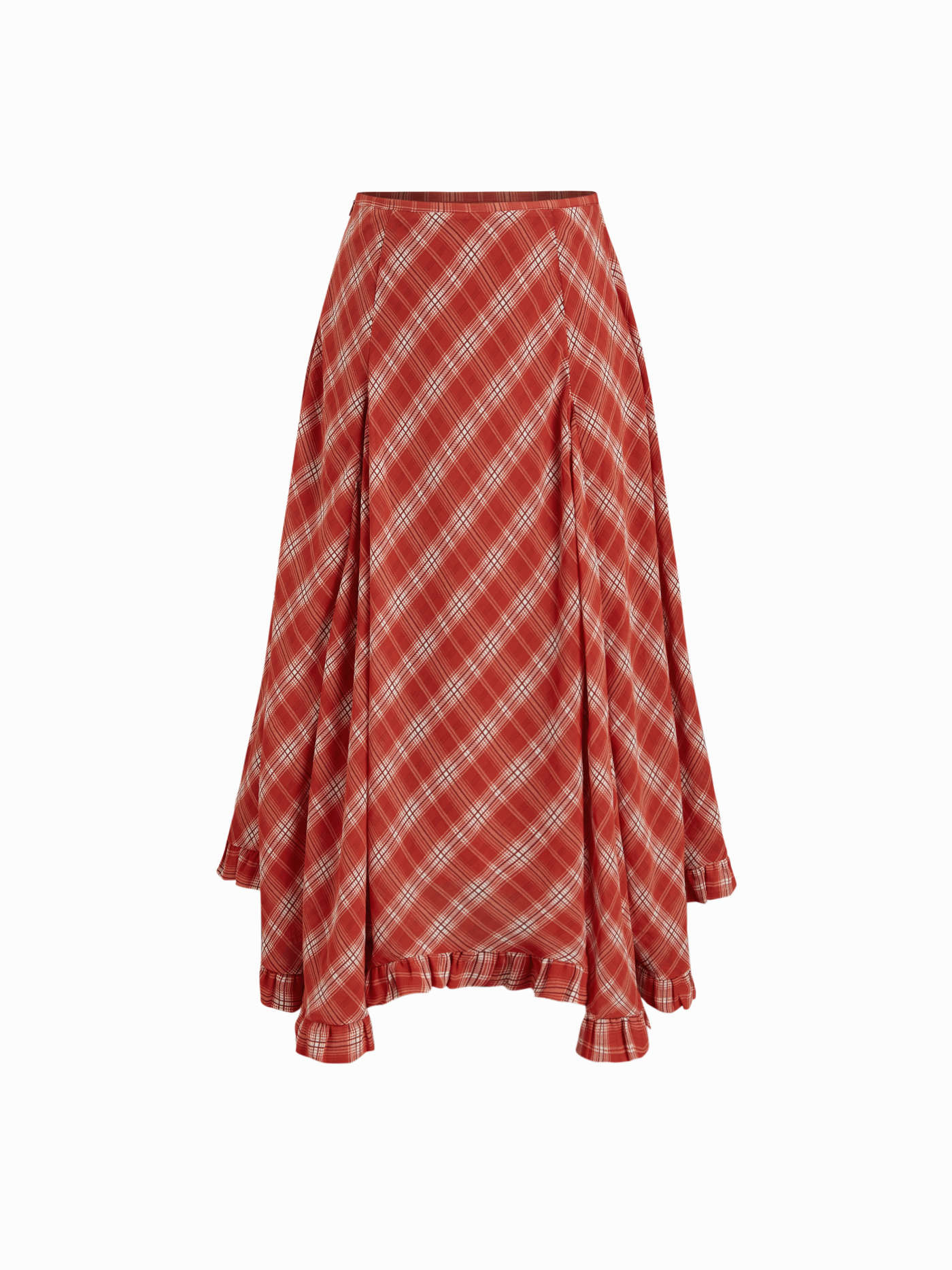 Chiffon Mid Rise Tartan Ruffle Hem Lettuce Trim Maxi Skirt | Cider