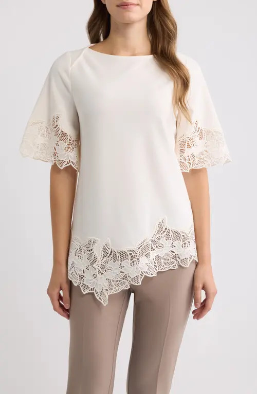 Anne Klein Lace Trim Asymmetrical Hem Top in White Dove at Nordstrom, Size Medium | Nordstrom