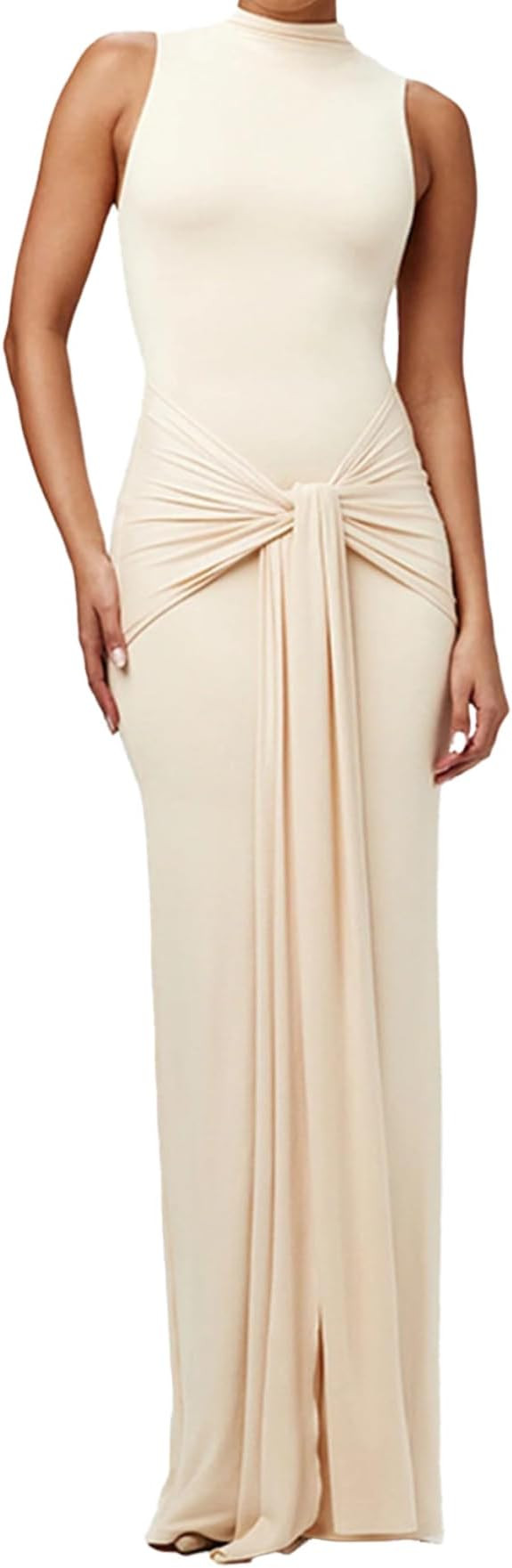 Women Bodycon Maxi Dress Sleeveless Crew Neck High Waist Solid Color Dresses Sexy Bandage Ruched ... | Amazon (US)