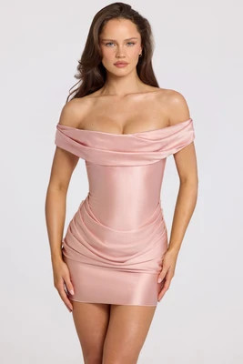 Satin Off-Shoulder Draped Mini Dress in Blush Pink | Oh Polly