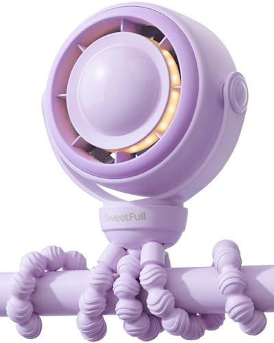 SWEETFULL Baby Stroller Fan - 4000mAh Rechargeable 4-Speed Quiet with LED Display & Night Light, Mini Portable 360° Clip On Safe Fan for Car Seat, Crib, Travel - Purple | Amazon (US)