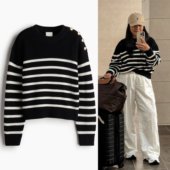 Black/White Striped Button Detail Sweater (S) | Poshmark