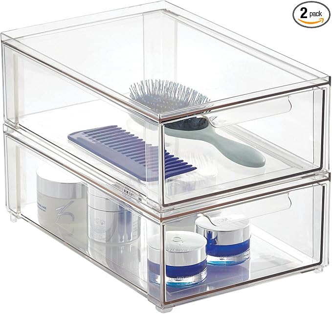 mDesign Plastic Stackable Bathroom Storage Organizer Bin with Pull Out Drawer for Cabinet, Vanity... | Amazon (US)