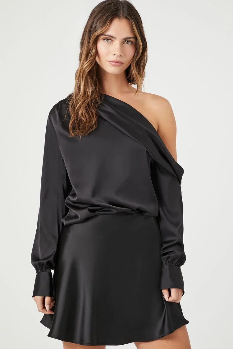 Women's Satin One-Shoulder Top in Black, XS | Forever 21