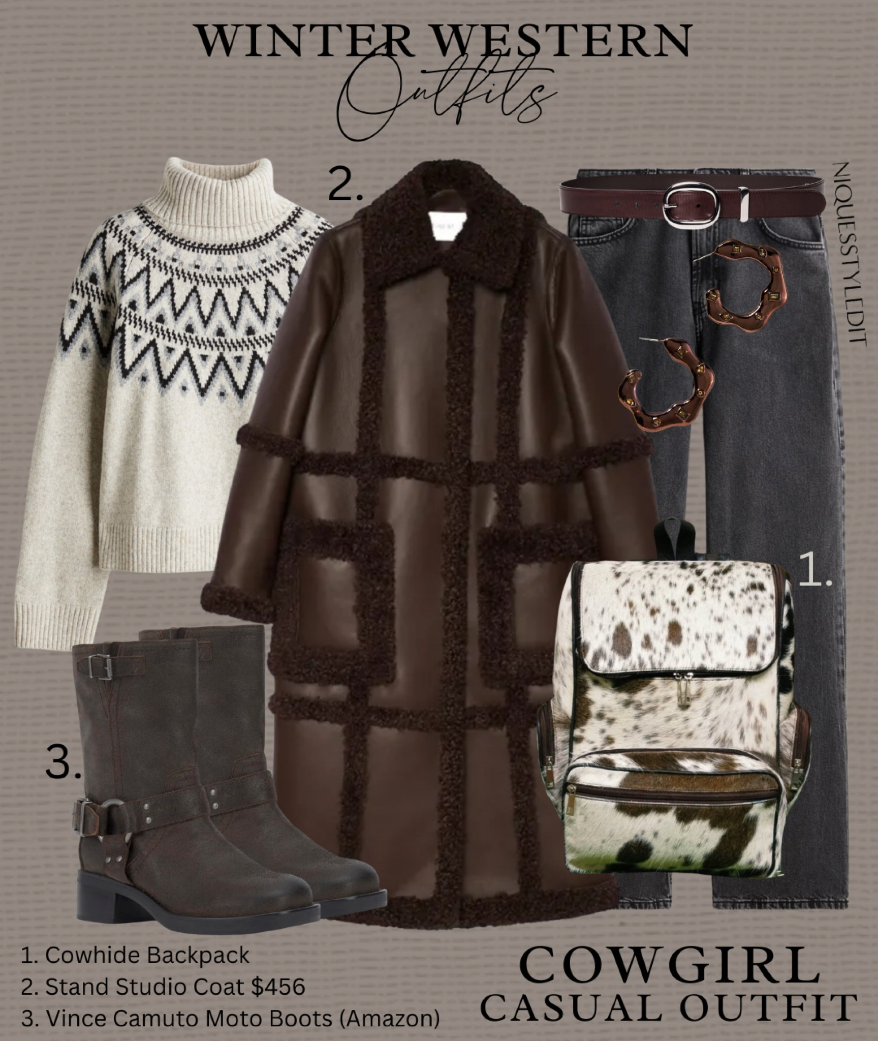 Cozy up this winter in chic western outfits featuring timeless brown tones, creams, and greys paired with stunning cowhide bags that are perfect for travel or everyday style! Whether you’re heading out for a casual day, planning a winter getaway, or embracing a modern cowgirl aesthetic, these looks have you covered.

Everyday Country Vibes: A knit Aztec sweater, jeans, moto boots, and a shearling winter coat, completed with a functional yet stylish cowhide backpack – perfect for casual days.

#cowgirlstyle #countryoutfits 
#Winterchic

#LTKstyletip #LTKwinter #LTKbag
