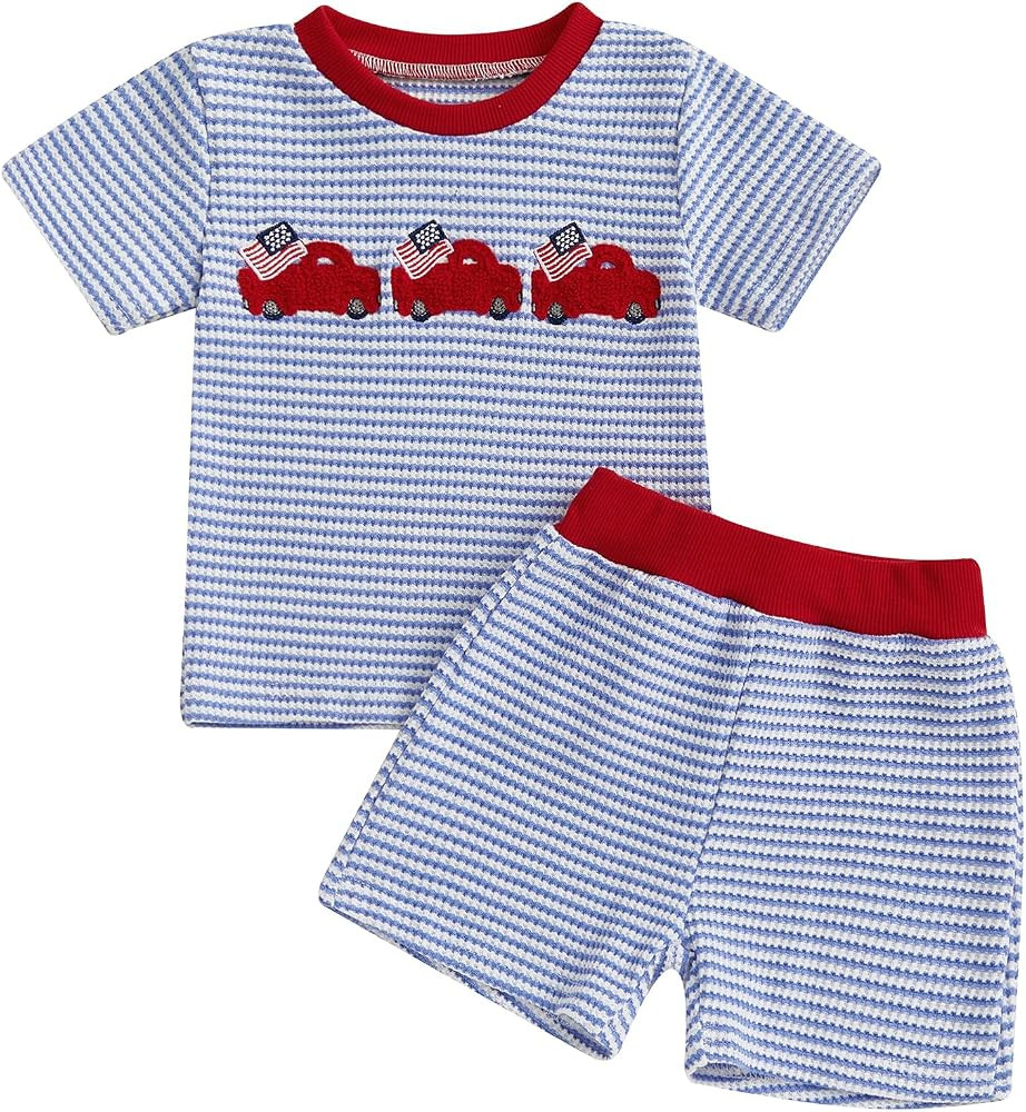 Toddler Baby Boy 4th of July Outfit Stars Stripes Cart Embroidery Short Sleeve T Shirt Shorts Set... | Amazon (US)