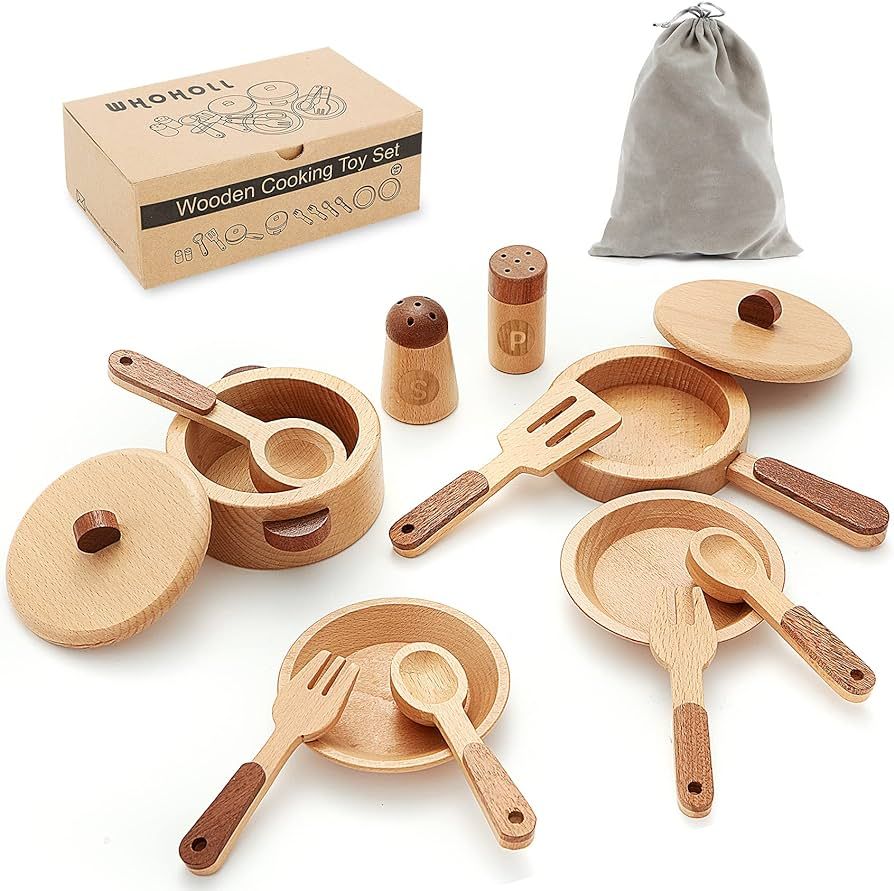 WHOHOLL Play Kitchen Accessories, Wooden Kitchen Sets for Kids, Toy Pots and Pans for Kids Kitche... | Amazon (US)