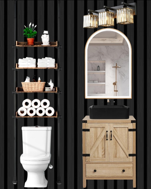 Our DIY wood slat wall paneling enhance the aesthetic and feel of your bathroom but also foster a connection with nature's serene and restorative qualities. also LED mirror and bathroom storage and wood tone sink vanity 

 #LTKHoliday #LTKHome