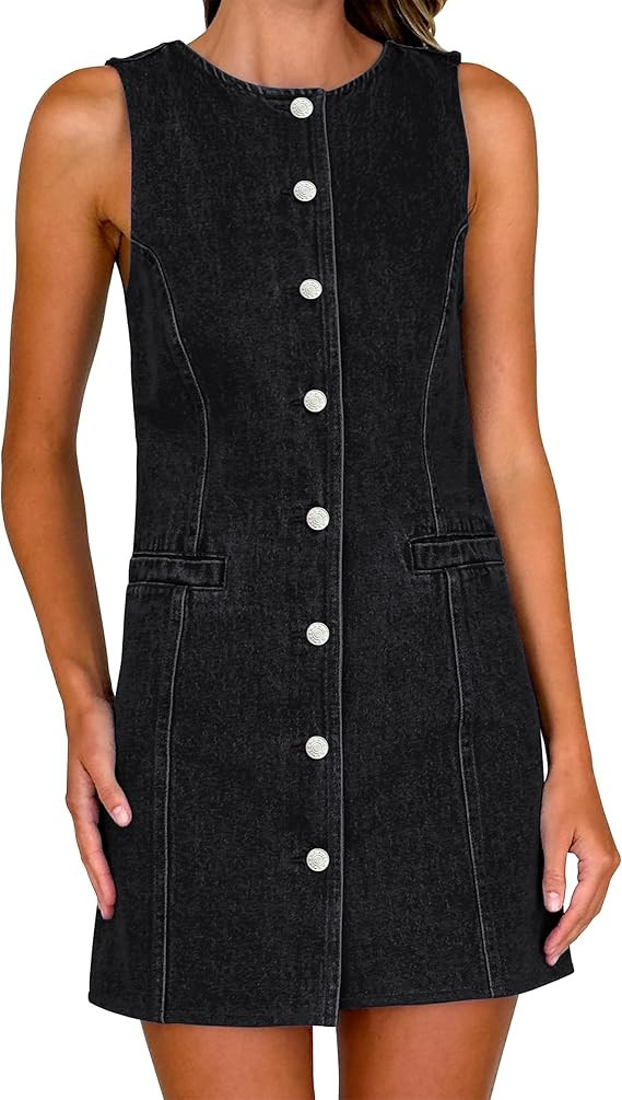 Women's Denim Dress Jean Sleeveless Button Down Shirt Mini Tank Casual Summer Dresses with Pocket... | Amazon (US)