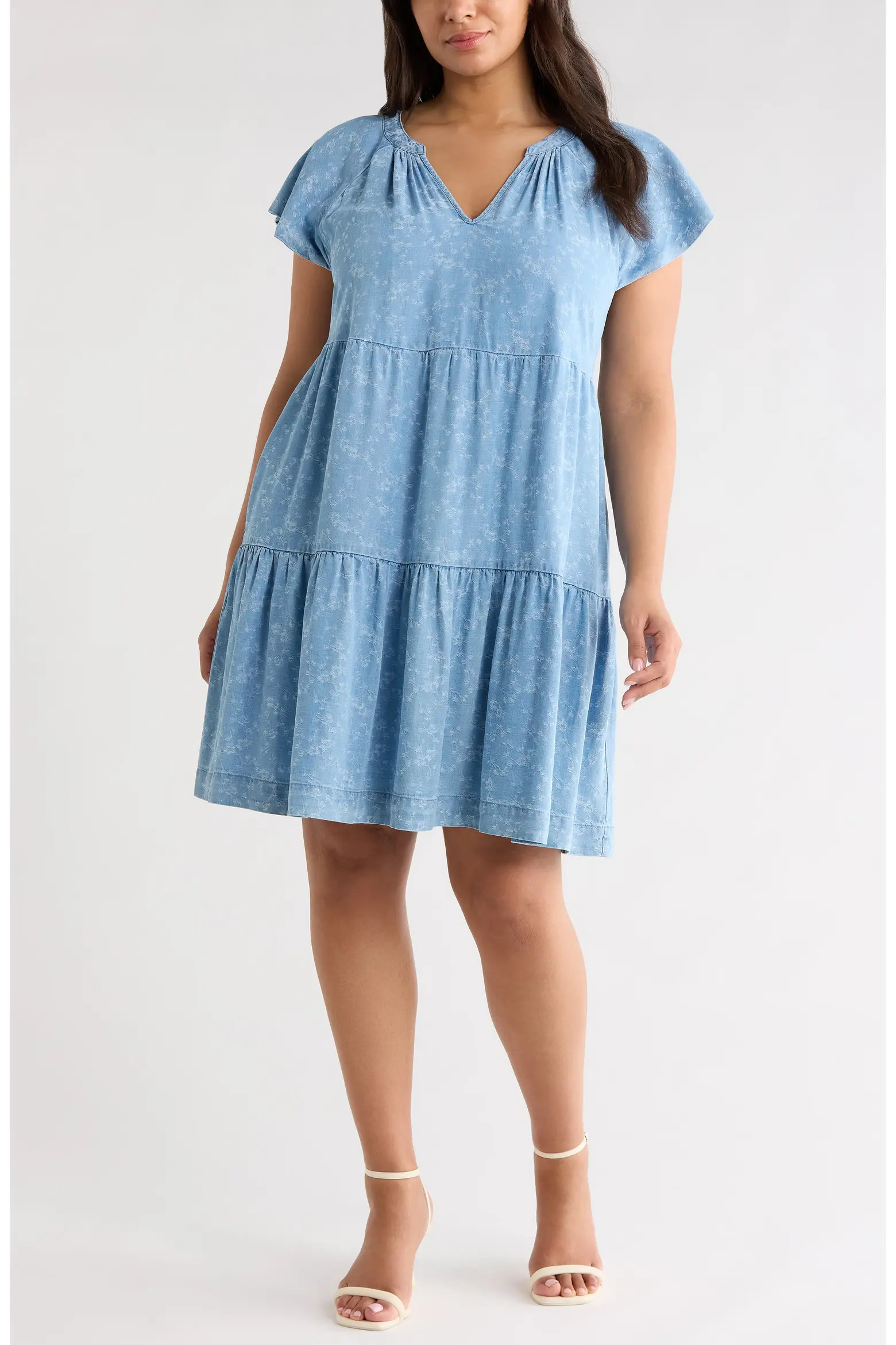 Tiered Floral Flutter Sleeve Denim Dress (Women) | Nordstrom | Nordstrom