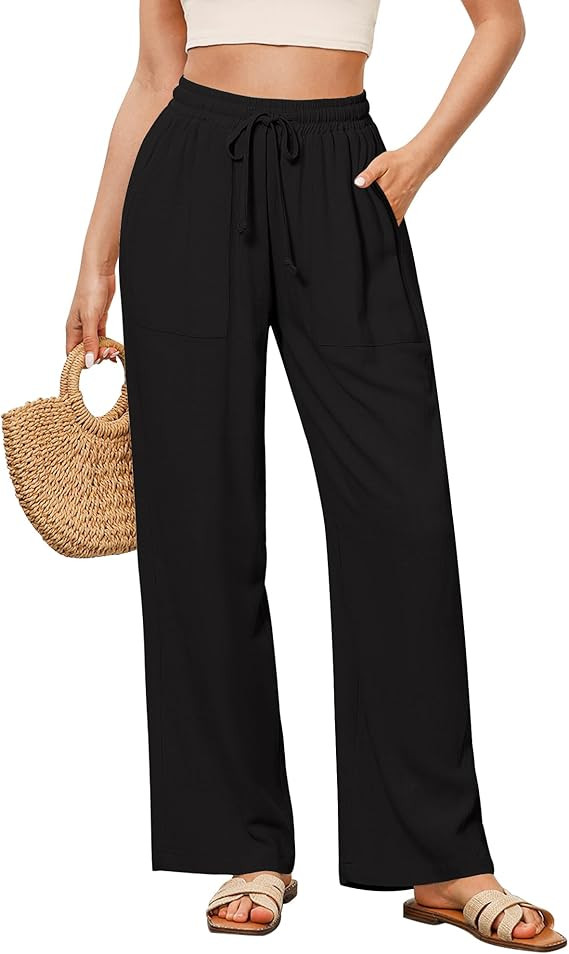 GRAPENT Linen Pants for Women Wide Leg High Waisted Baggy Drawstring Elastic Waist Palazzo Trouse... | Amazon (US)