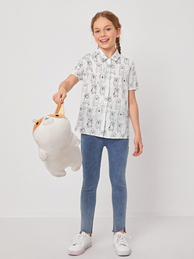 SHEIN Girls Dog Print Single Breasted Blouse | SHEIN