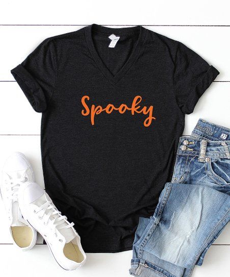 Black & Orange 'Spooky' Cursive V-Neck Tee - Women | Zulily