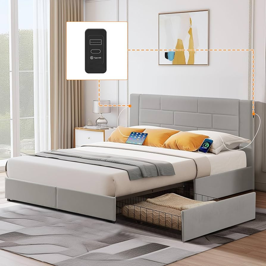 VECELO Queen Upholstered Bed Frame with USB Charge Station-Ports for Type A & Type C, Velvet Plat... | Amazon (US)