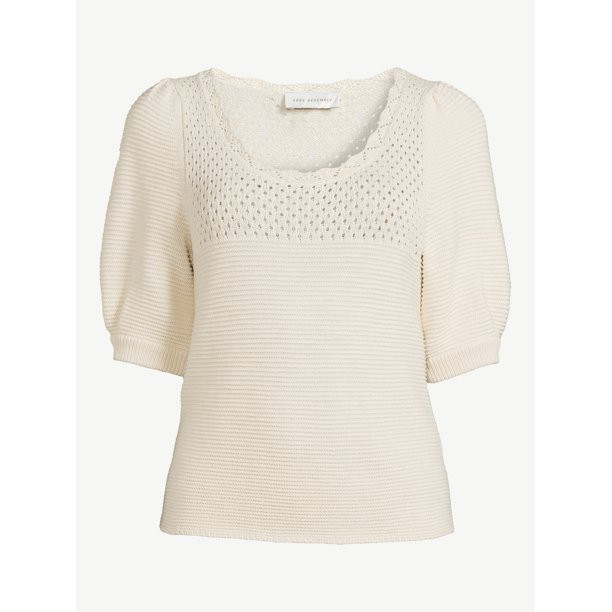 Free Assembly Women's Puff Sleeve Crochet Sweater | Walmart (US)