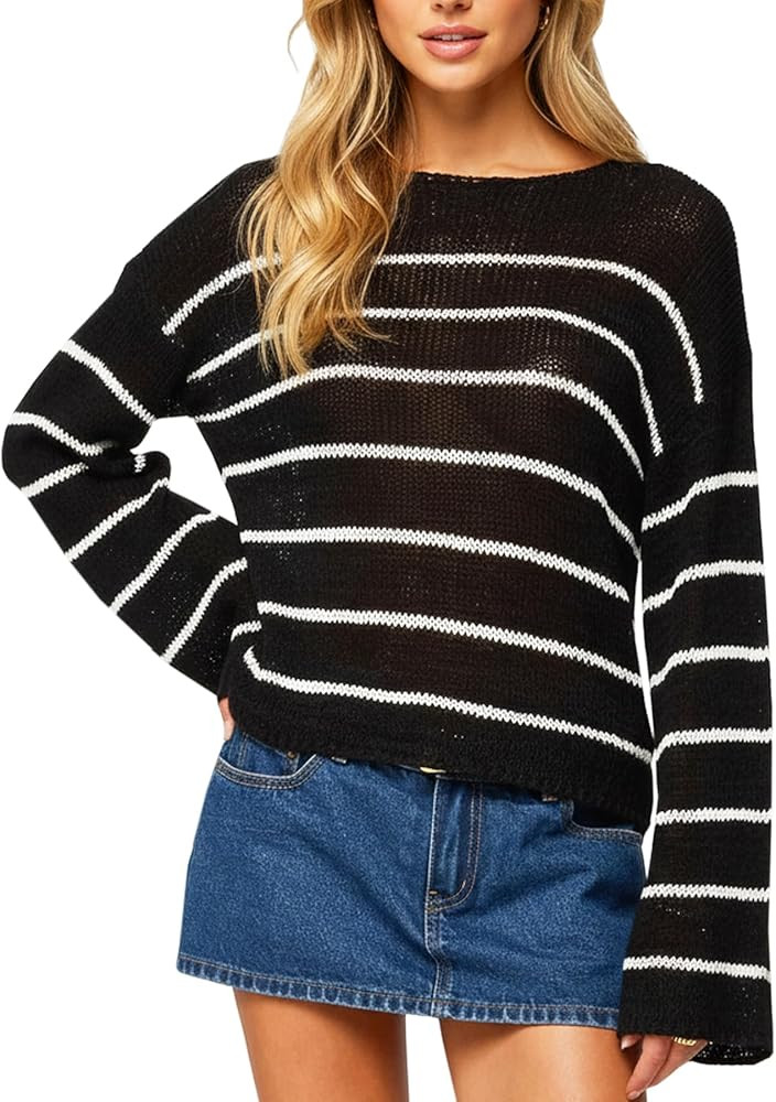 Navneet Women Boat Neck Long Sleeve Lightweight Sheer Sweater Pullover See Through Knit Poncho To... | Amazon (US)