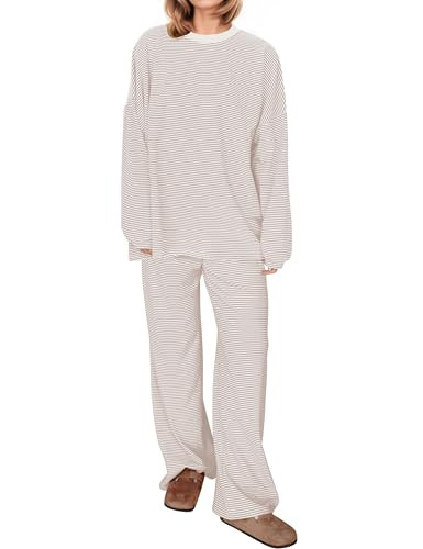MISSACTIVER Women's 2 Piece Striped Lounge Set Long Sleeve Oversized T-Shirt Wide Leg Pants Match... | Amazon (US)