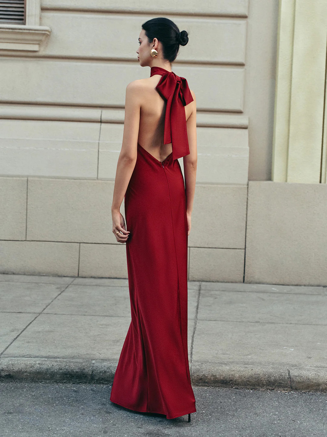 Open Back Satin Halter Dress | Commense