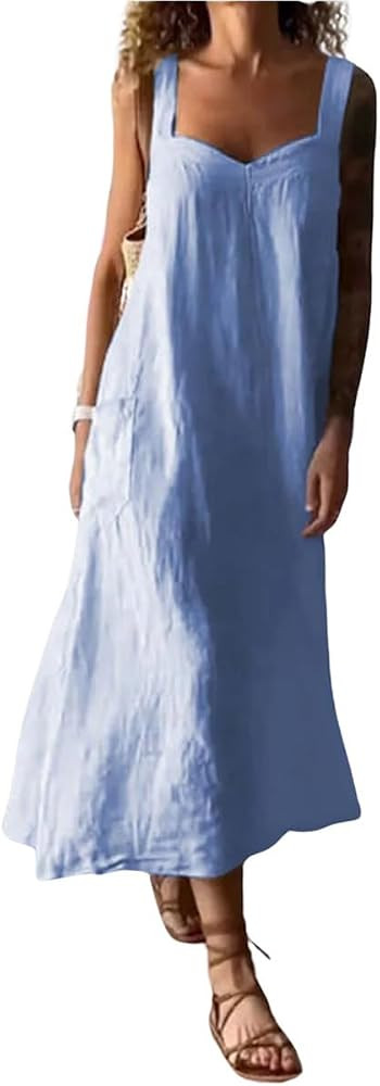 chouyatou Women's Summer Spaghetti Strap Sleeveless Linen Overall Dress Casual A-Line Midi Long B... | Amazon (US)