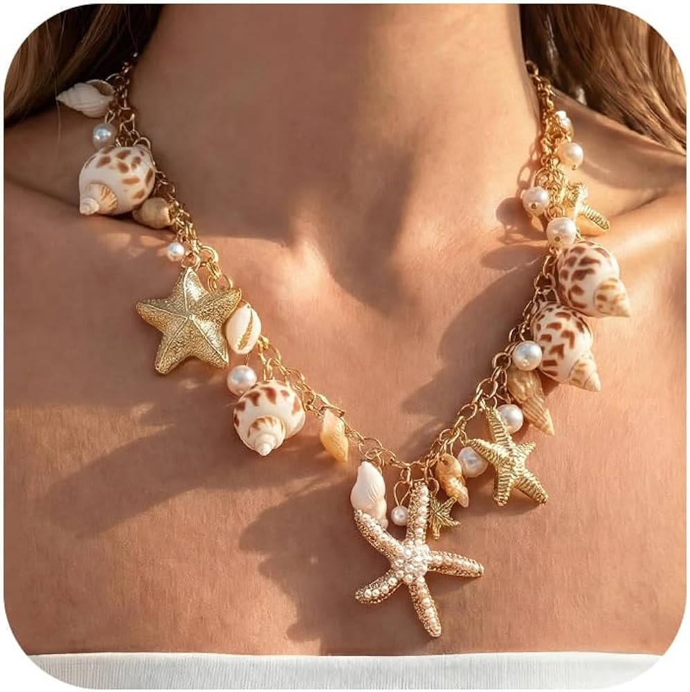 Shell Starfish Necklace for Women, Gold Plated Boho Layered Pendant Necklace with Pearl Conch Cha... | Amazon (US)