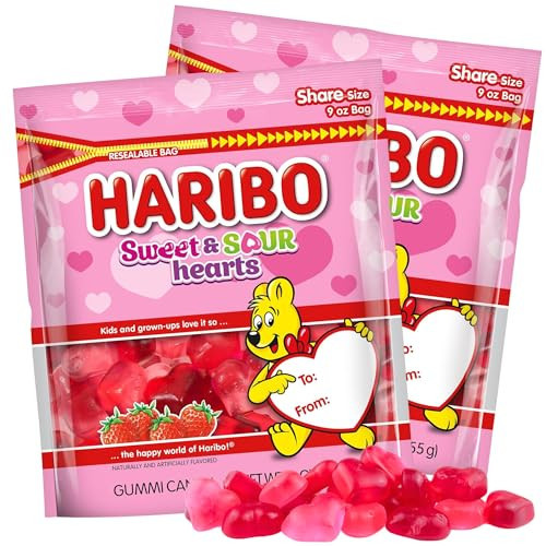 Valentine's Day Sweet and Sour Gummy Hearts, Bulk Strawberry Flavored Candy, Resealable Share Size Bag, 9 Ounces (Pack of 2) | Amazon (US)
