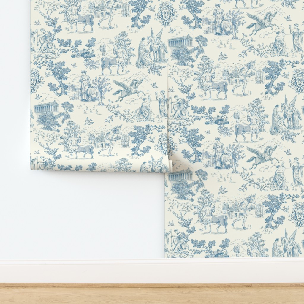 Wallpaper in Greek Mythology Toile Blue on Cream | Spoonflower