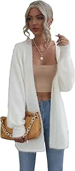 SheIn Women's Fuzzy Fleece Open Front Cardigan Sweaters Lantern Long Sleeve Fluffy Coat Outwear | Amazon (US)