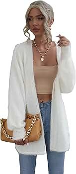 SheIn Women's Fuzzy Fleece Open Front Cardigan Sweaters Lantern Long Sleeve Fluffy Coat Outwear | Amazon (US)