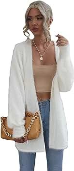 SheIn Women's Fuzzy Fleece Open Front Cardigan Sweaters Lantern Long Sleeve Fluffy Coat Outwear | Amazon (US)