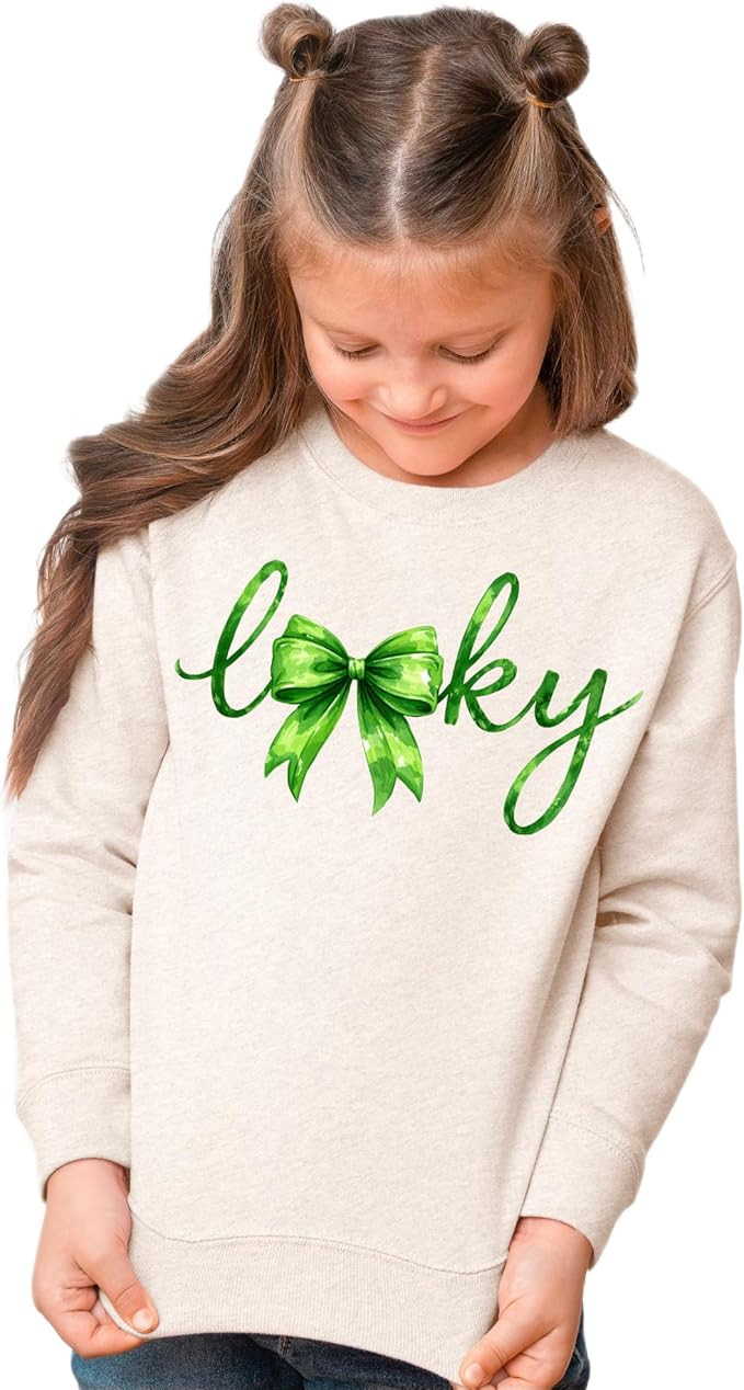 Toddler Lucky Sweatshirt St Patricks Day Green Bow Script Pullover Cute Kids Top | Amazon (US)