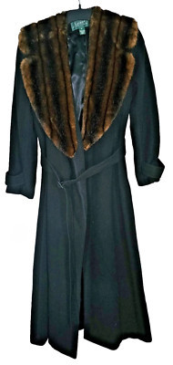 VINTAGE Ralph Lauren Coat Womens 10 Black Wool Cashmere Robe Wrap Faux Fur LRL | eBay US