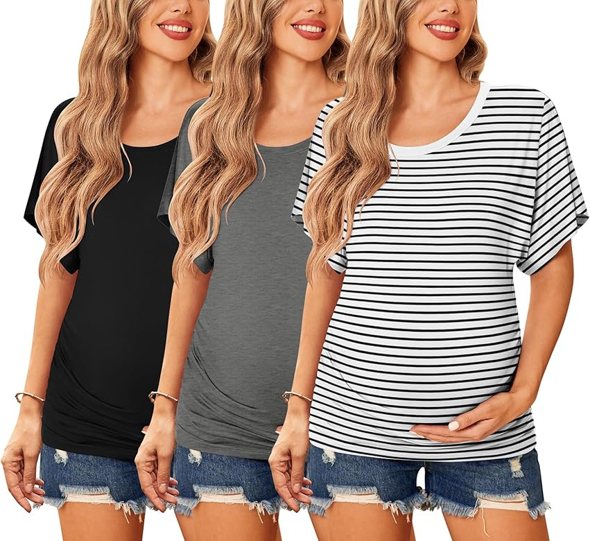 Ekouaer Maternity Shirts 3 Packs Dolman Sleeve Side Ruched Tops Tunic Casual Pregnancy Clothes | Amazon (US)