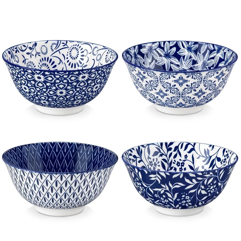 MALACASA Porcelain Bowls Set of 4, 23oz/6.25-inch Blue Floral Soup Bowls, Microwave Dishwasher Sa... | Walmart (US)