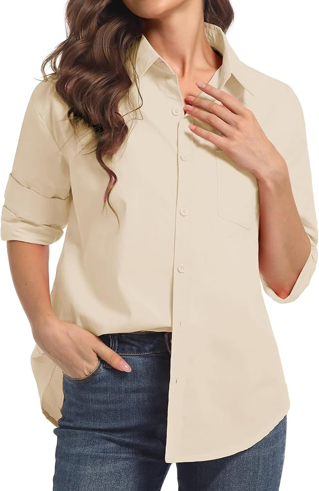 Womens Button Down Shirts, Long Sleeve Cotton Blouse for Women Casual, Collar Long Sleeve Blouse ... | Amazon (US)