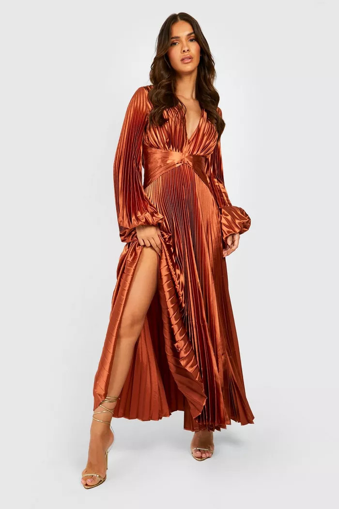 Pleated Satin Oversized Sleeve Midi Dress | boohoo (US & Canada)