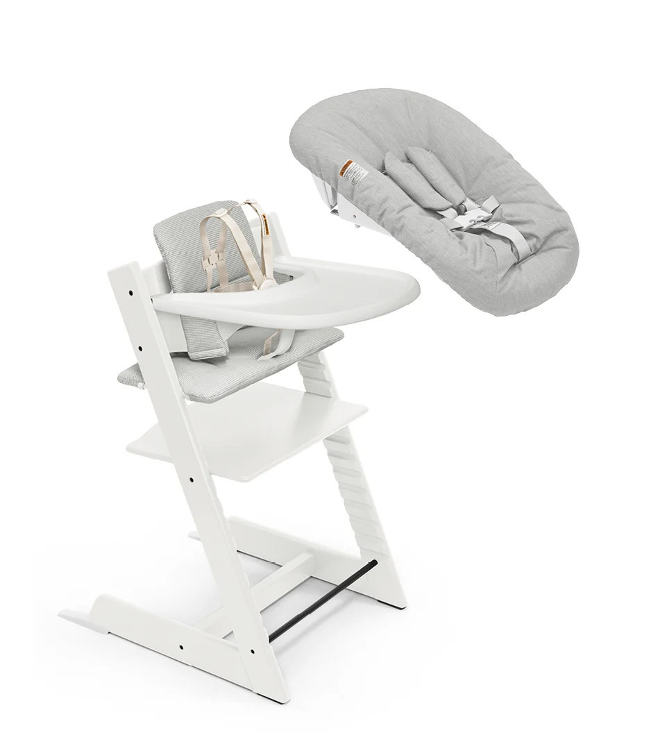 Tripp Trapp® High Chair² White, Nordic Grey Cushion, Newborn Set and Stokke® Tray | Stokke