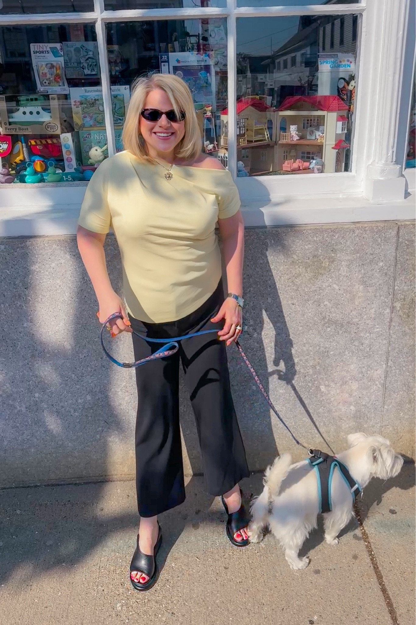 Special appearance today by my nephew, Teddy!
Here is today's work look.
I plan on buying this top in pink too. It's the softest cotton.
I also wore it out to dinner Saturday night!
And Target pants for the win.

Business casual outfit, work outfits, summer outfits, spring outfits, sandals, wedges

#LTKootd #LTKOver40 #LTKdayinmylife