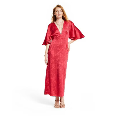 Women's Palm Leaf Contrast Print Exaggerated Flutter Sleeve Maxi Dress - Fe Noel x Target Fuchsia | Target