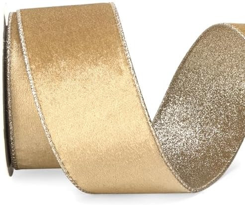 Ribbli Champagne Gold Velvet Wired Ribbon 2.5 Inch Khaki Velvet with Champagne Glitter Christmas ... | Amazon (US)