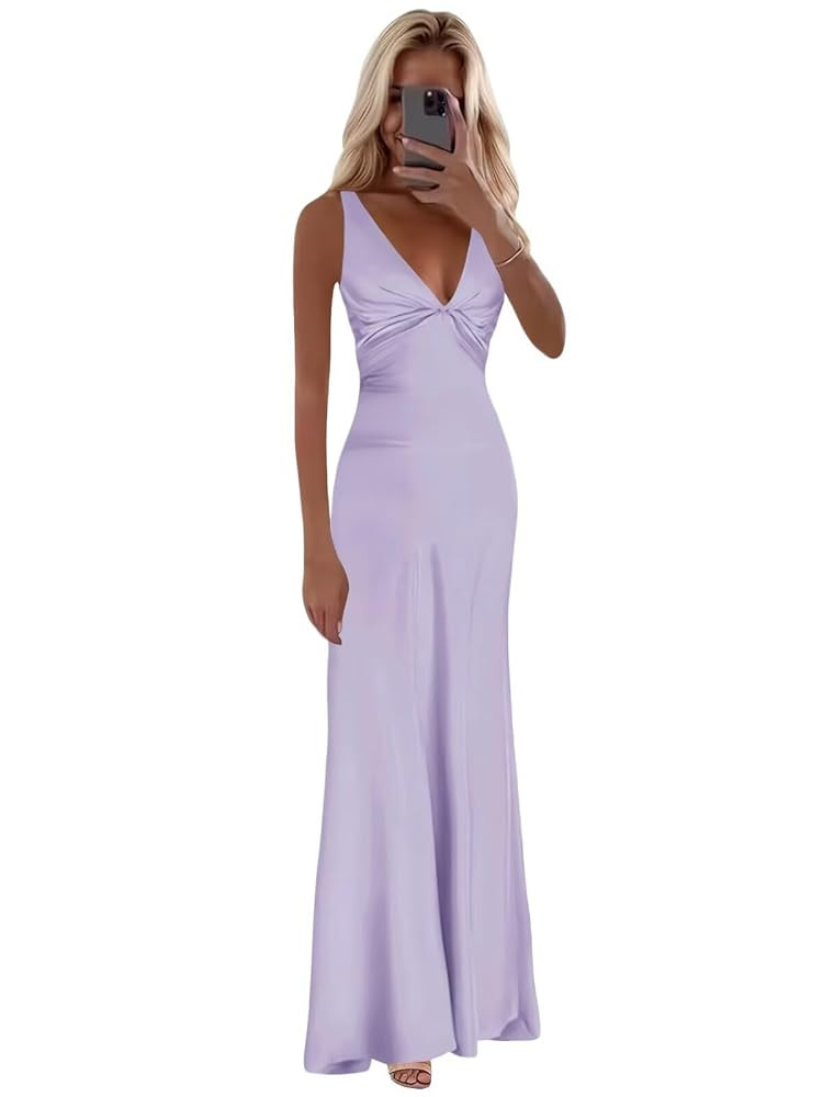 Cudiew Satin Bridesmaid Dresses Corset V Neck Prom Dresses Teens Back Self Tie Formal Evening Par... | Amazon (US)