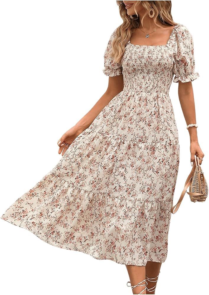 MakeMeChic Women's Allover Floral Print Puff Short Sleeve Midi Summer Dress Ruffle Square Neck Hi... | Amazon (US)